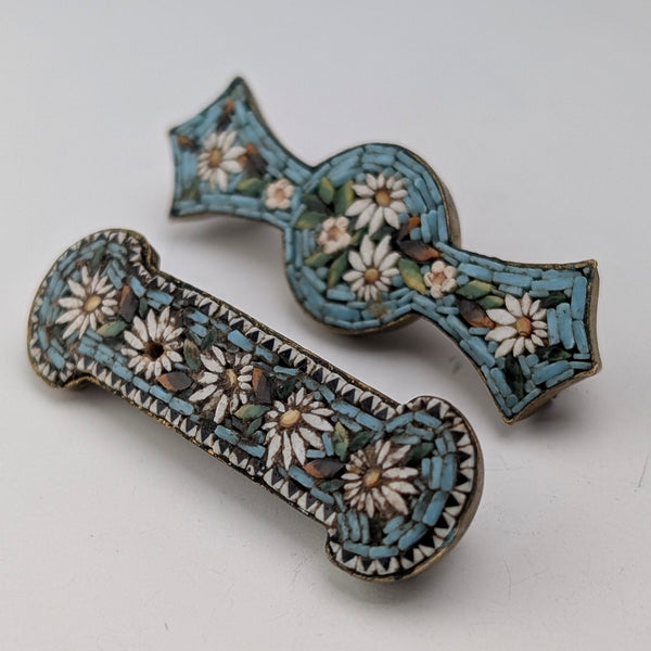 Pair of vintage micro-mosaic brooches with floral embellishment